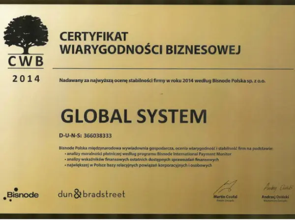 Certyfikat Wiarygodności Biznesowej dla Global System