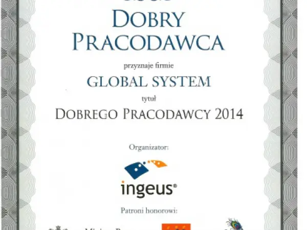 Tytuł Dobry Pracodawca 2014 dla Global System